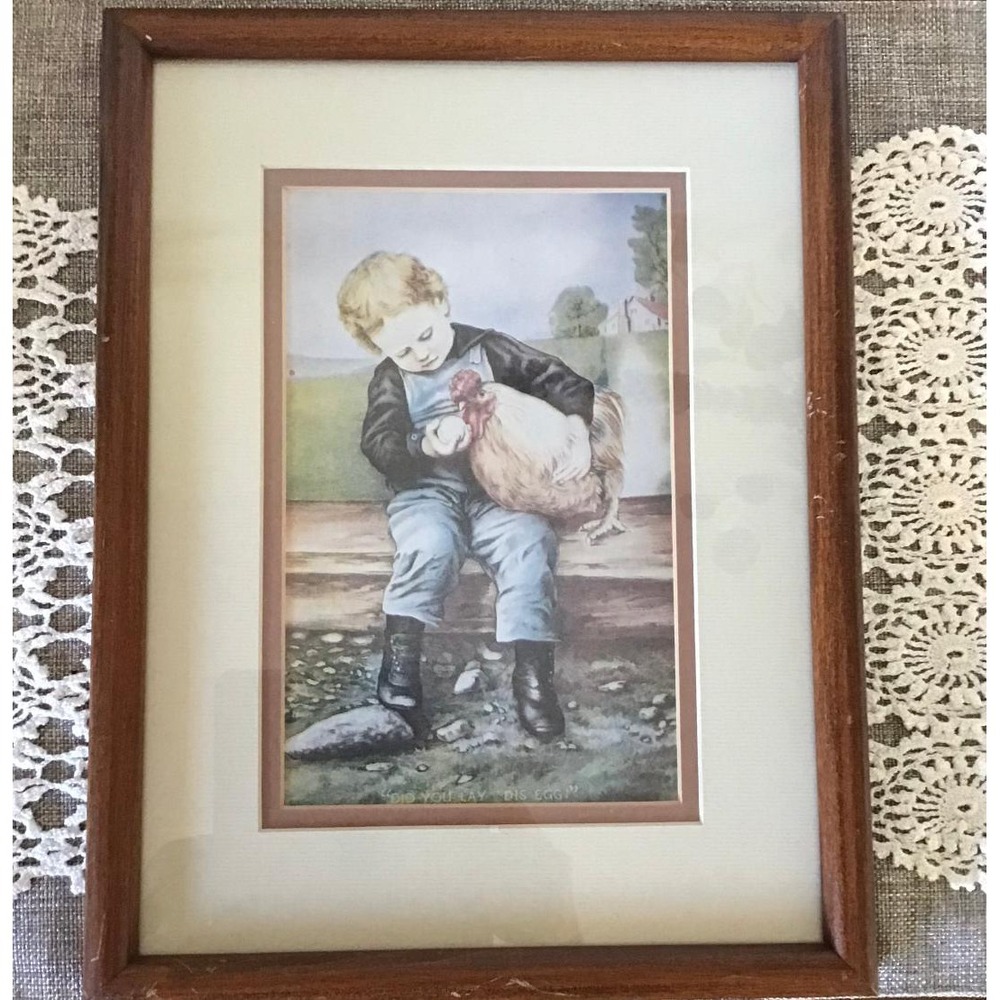 Vintage Framed Art Print "Did You Lay Dis Egg" Boy with Chicken Farmhouse Decor